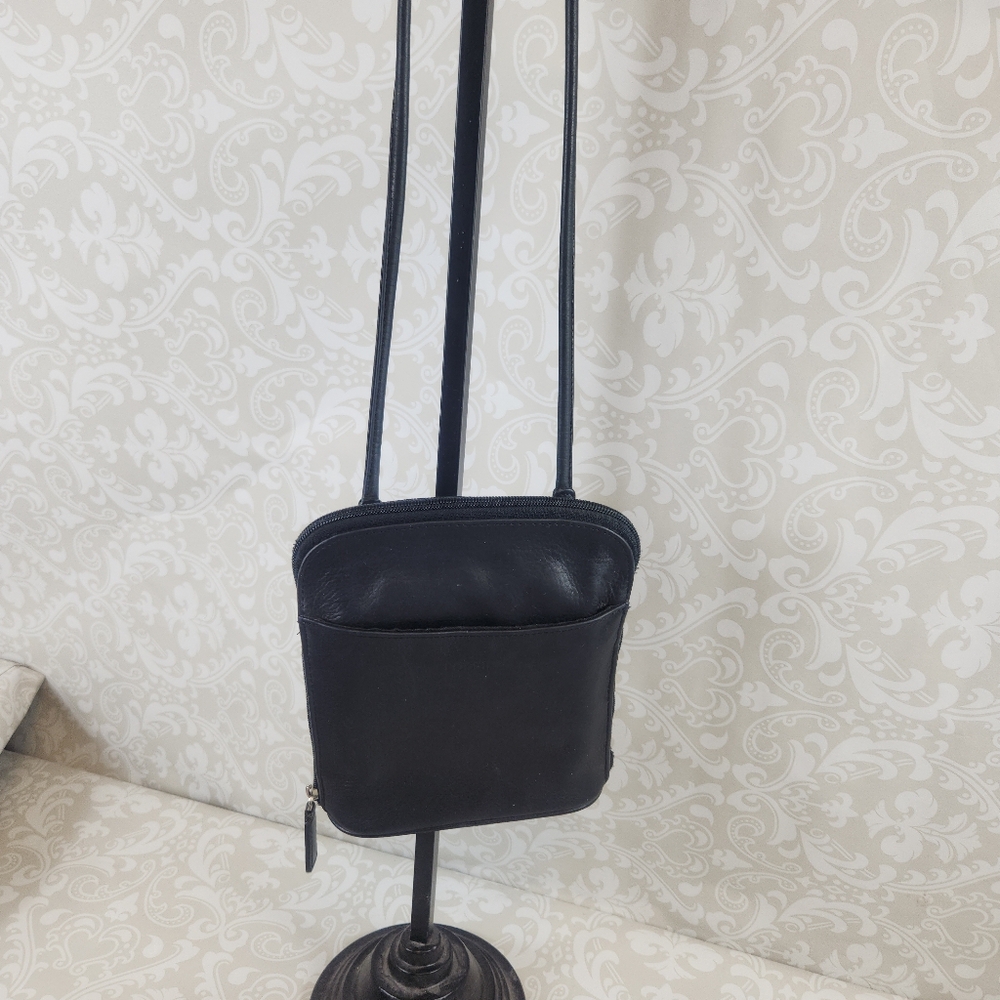 Vintage Fossil Black Genuine Leather Crossbody Organizer Bag